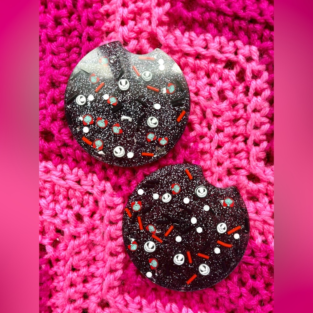 Nightmare Before Christmas Jack and Sally Handmade Resin Car Coaster Set